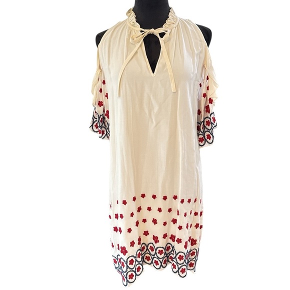 Saks Fifth Avenue Dresses & Skirts - Saks Fifth Avenue Cream Embroidered Cold Shoulder Dress Boho Peasant Tunic Sz M